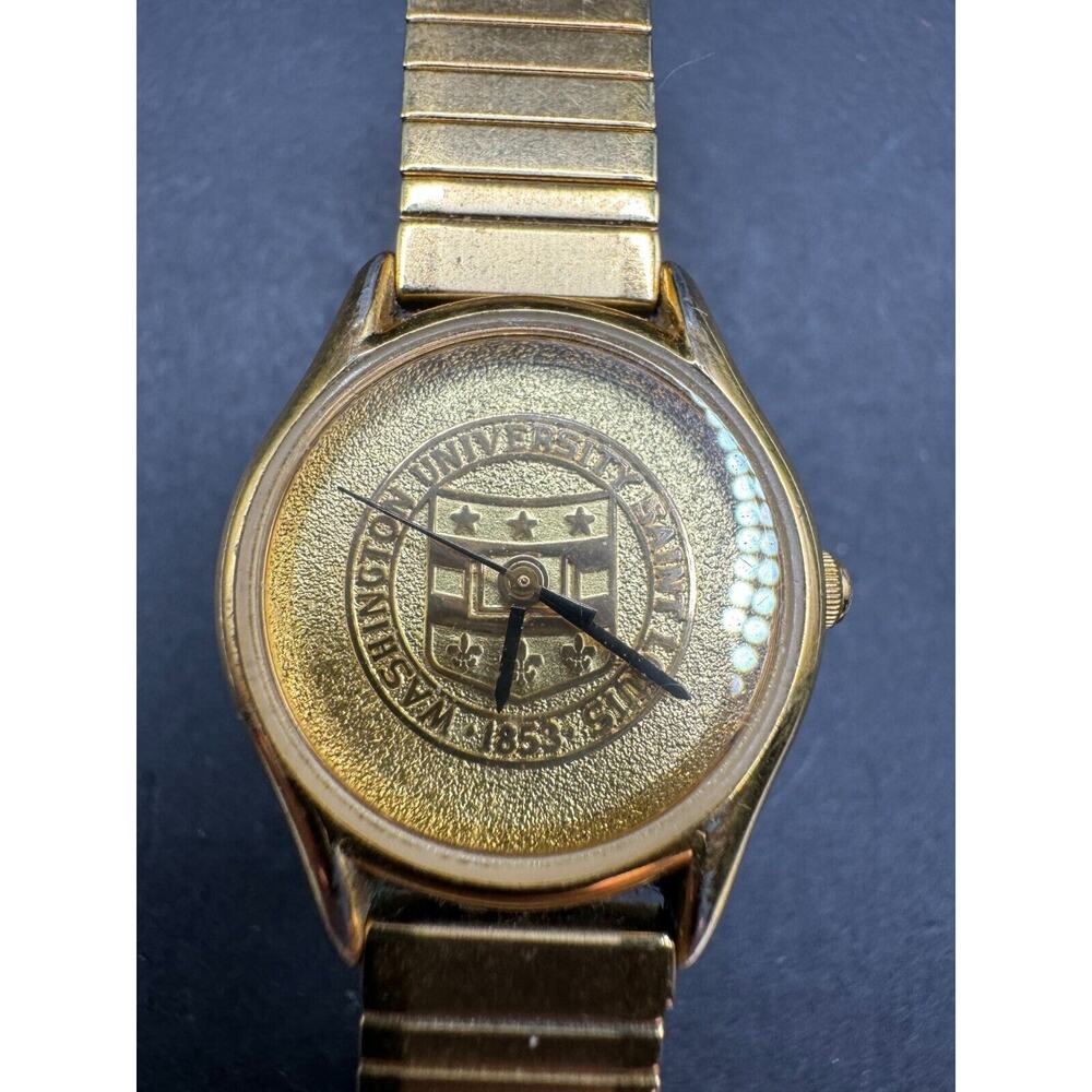Vtg Jostens Quartz Watch Washington University St. Louis Gold Tone Stretch Band